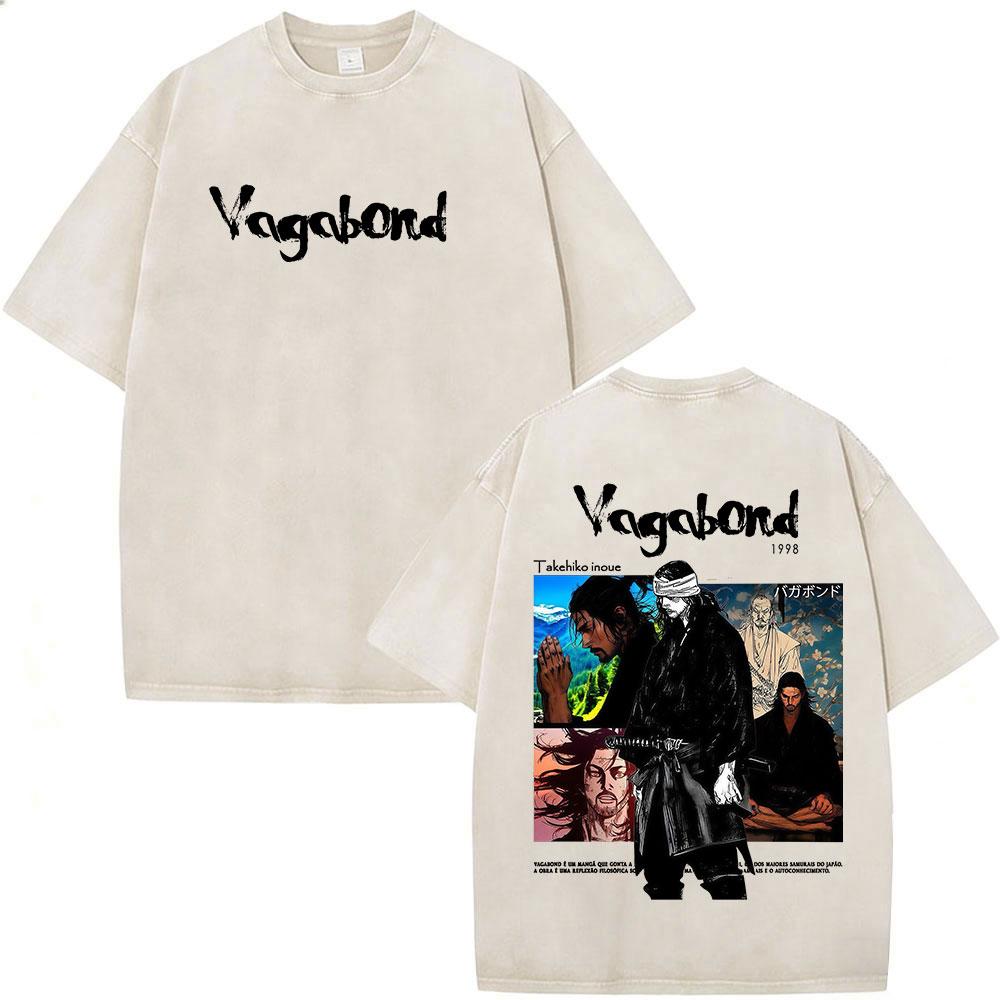 Anime Vagabond Miyamoto Musashi Vintage Washed Tshirts Men Women Clothing Fashion Casual Short Sleeve Oversized ONeck T Shirts