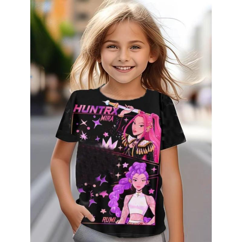Kpop Demon Hunter Anime Printed T-Shirt Comfortable Fashionable Round Neck Kids Clothes Fashion Casual Tops Soft Girls Colorful T-Shirt