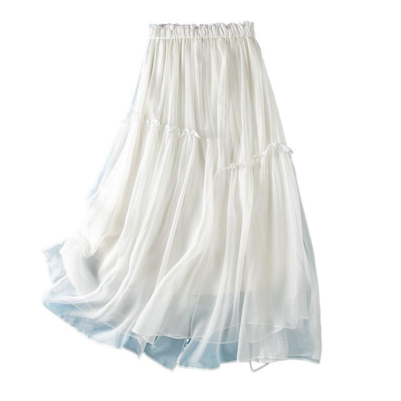 Women's Japanese-Style A-line Silk Skirt with Elastic Waist