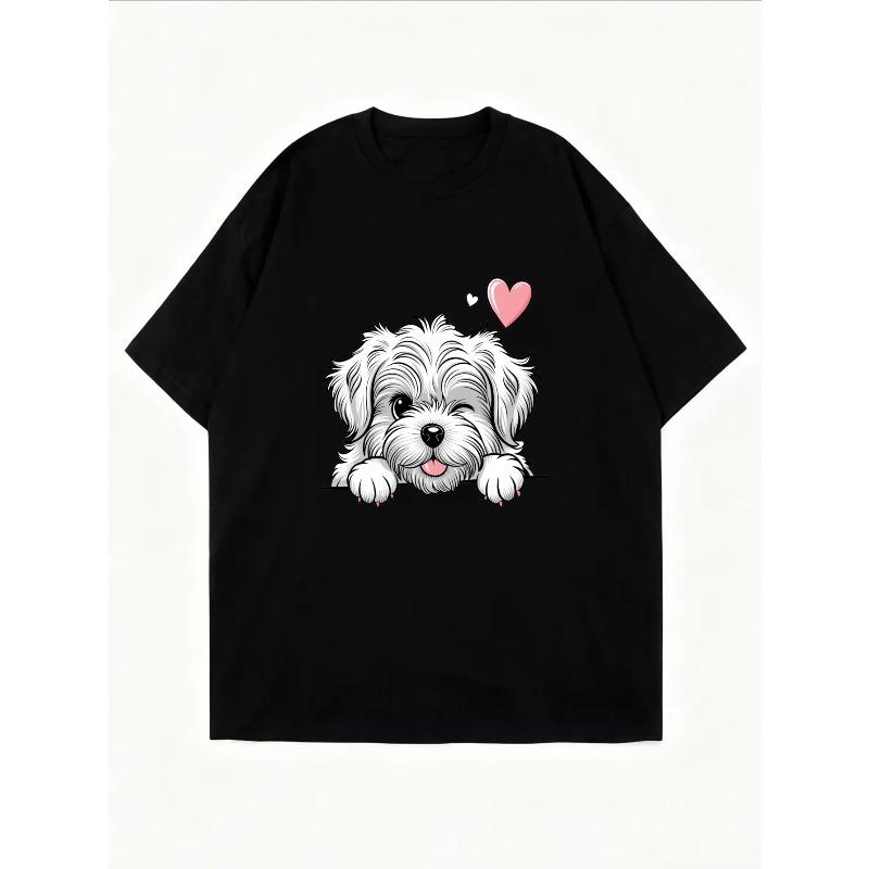 Cute Dog Print T-Shirt White Shih Tzu Puppy With Heart Design Casual Everyday Wear For Women