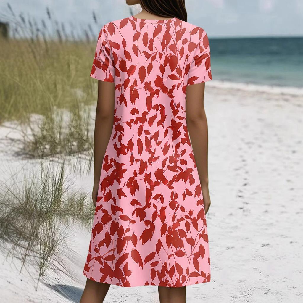 Short Sleeve Boho Dress For Women Casual Loose Fit Sundress Print Round Neck Dress With Pockets