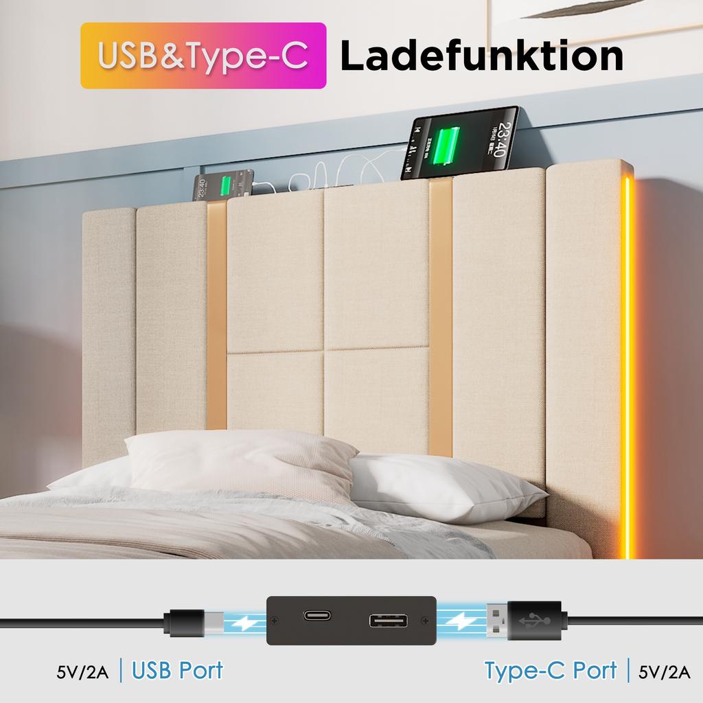 Upholstered Bed USB Type C Charging Single 90x200 Storage Bed Frame, Slatted Frame Made of Wood, Beige Linen Material (With Mattress)