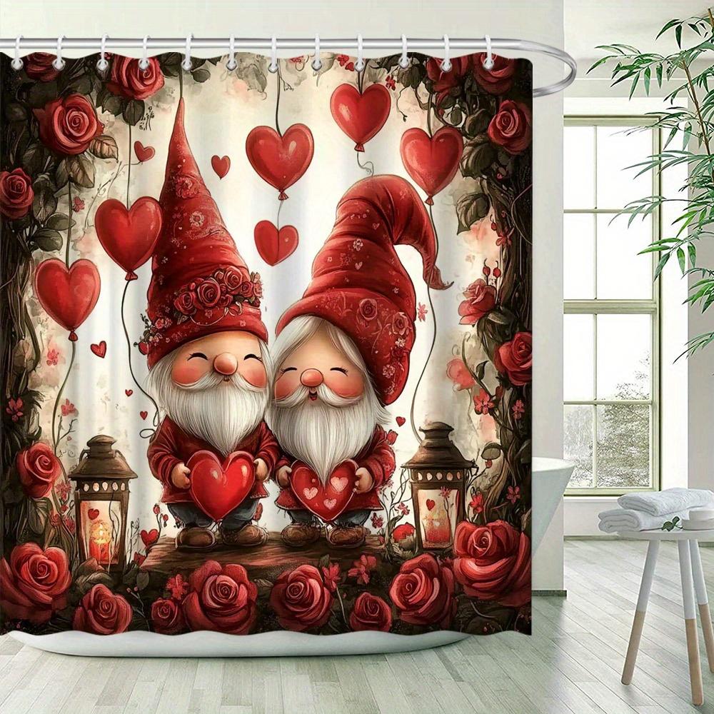 Adorable Valentine'S Day Gnomes Shower Curtain - Waterproof, Mildew-Resistant With Romantic Hearts And Roses For Bathroom Decor