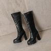 Women's high-heeled boots autumn and winter new waterproof table thick-heeled large-size solid-color medium boots