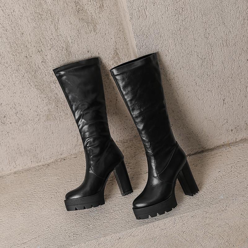 Women's high-heeled boots autumn and winter new waterproof table thick-heeled large-size solid-color medium boots
