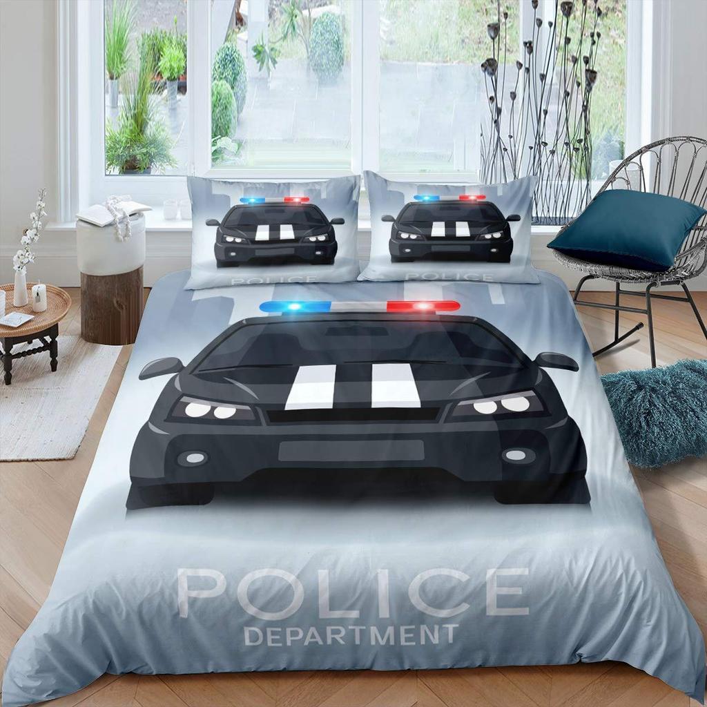 Police Car Duvet Cover Set Boys Cartoon Car Bedding Sets Full Size, Emergency Responder Vehicles Comforter Cover Set Blue Grey