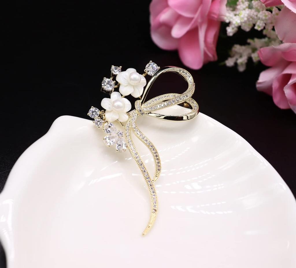 Pearl Natural Shell Cherry Blossom Brooch Zircon Ribbon Flower Corsage Wedding Graduation Ceremony Kindergarten Graduation Ceremony Entrance Ceremony