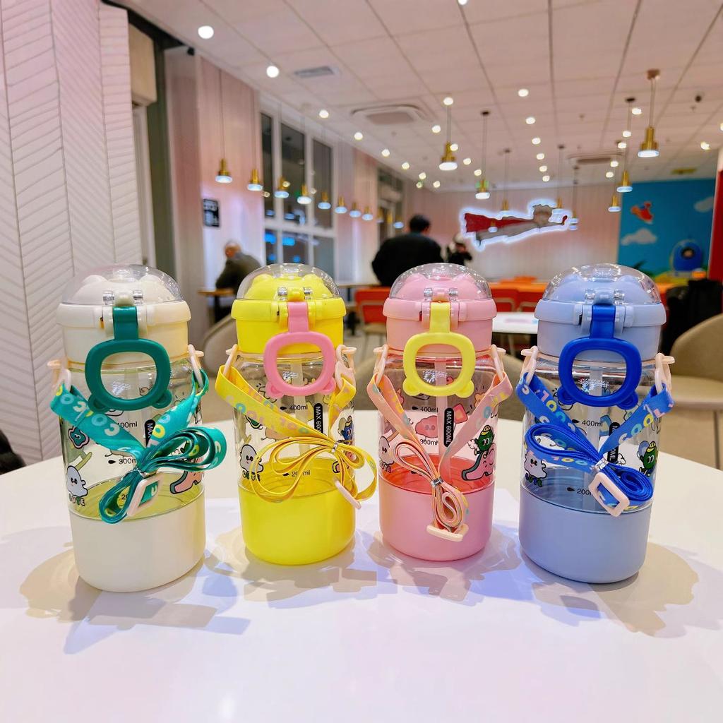Water Bottle Pc Plastic Cup Cartoon Children's Straw Cup, Portable Bouncing Student Cute Water Cup New Strap Kettle