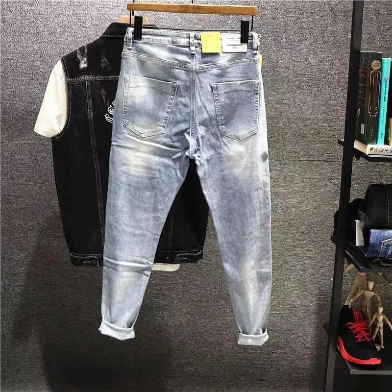 Men's Autumn Personalized Patchwork Retro Denim Pants Stretch Slim Fit Skinny Pants