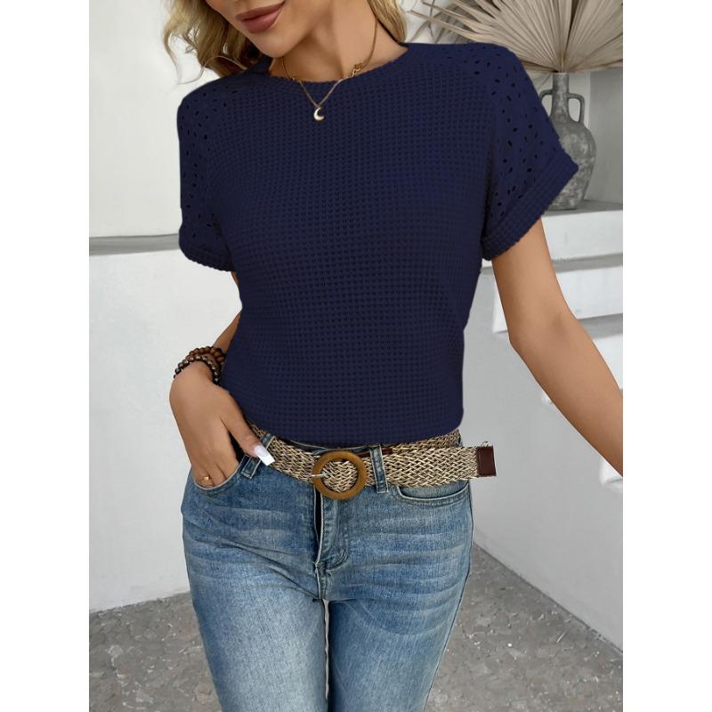 Summer Short Sleeve Thin Hollow Out Women Blouse O Neck Casual Simple Slim Fit Office T Shirt Ladies Fashion Elegant Solid Color Basic Tops Clothes