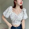 Summer Square Neck Bubble Sleeve Pink Flower Blouse Pullover Short Top Women