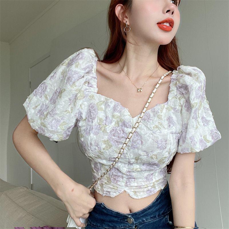Summer Square Neck Bubble Sleeve Pink Flower Blouse Pullover Short Top Women
