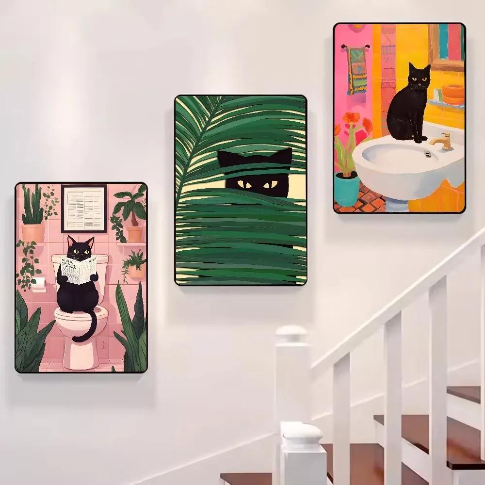 Funny Black Cat Reading Newspapers On The Toilet Canvas Print Green Pink Animal Wall Art Poster for Modern Bathroom Home Decor
