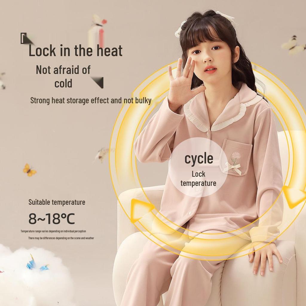 Autumn Winter Rose Embroidered Fleece Pajamas for Girls - Anti-Static, Warm Homewear for Kids