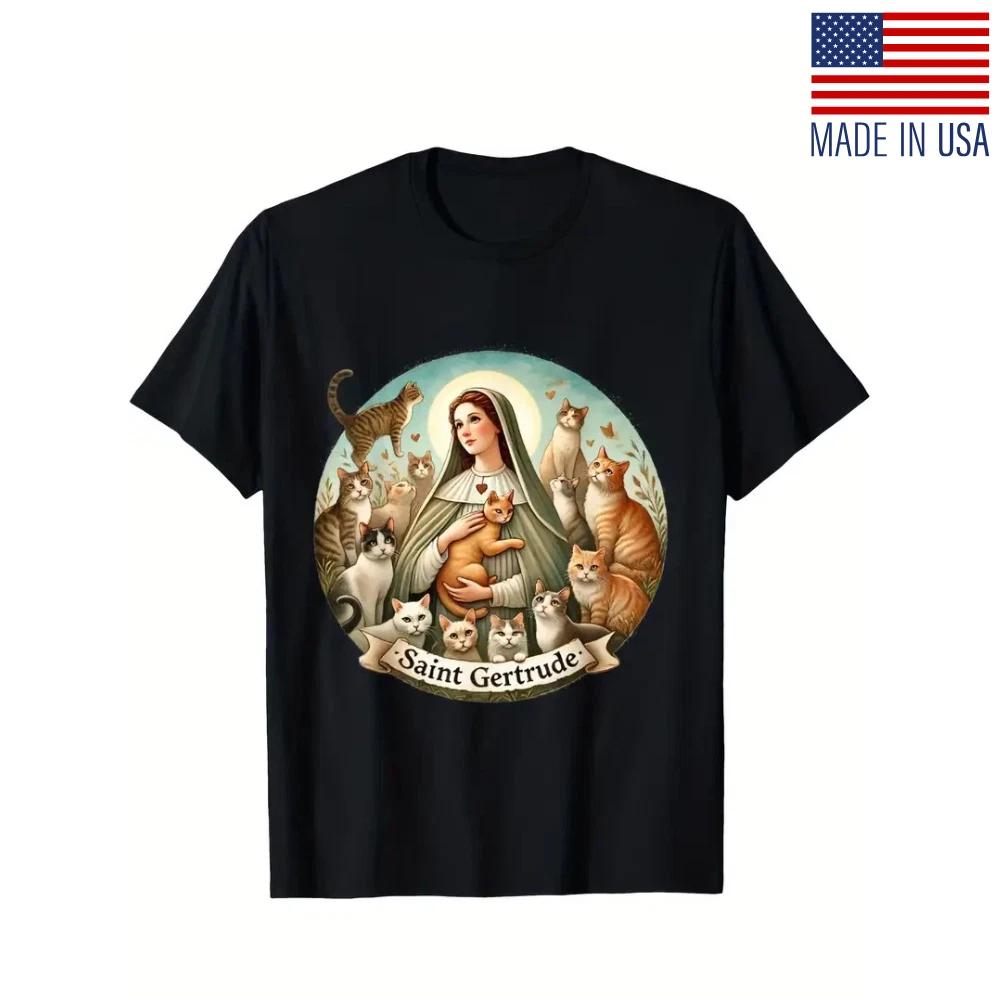 Saint Gertrude Patron of Cats Love Cats Catholic Saint Kitty T- Shirt 4XL