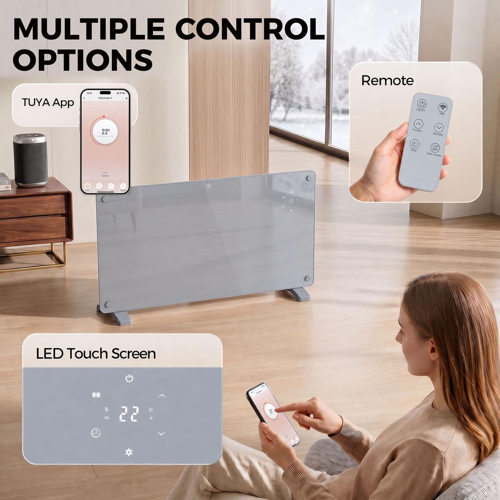 2000W Smart Panel Heater Wall Mounted & Freestanding, Electric Heater with Weekly Timer, Open Window & Anti-Frost, Grey