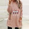 Women's Wine Glass Print Double-Sided Fleece Sweatshirt - Round Neck, Long Sleeve, with Pockets (2024)
