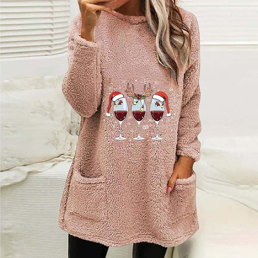 Women's Wine Glass Print Double-Sided Fleece Sweatshirt - Round Neck, Long Sleeve, with Pockets (2024)