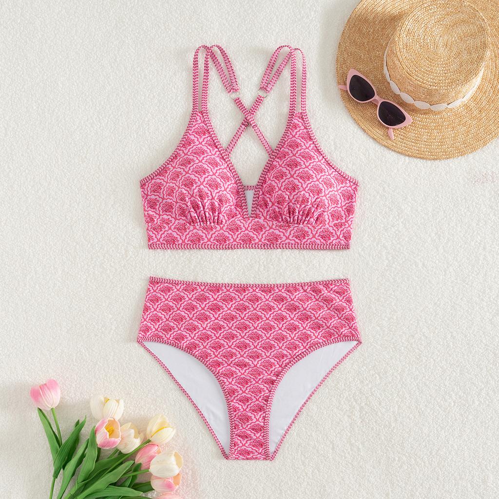 Printed Double Shoulder Strap High Waist Sexy Split Bikini Women's Swimsuit