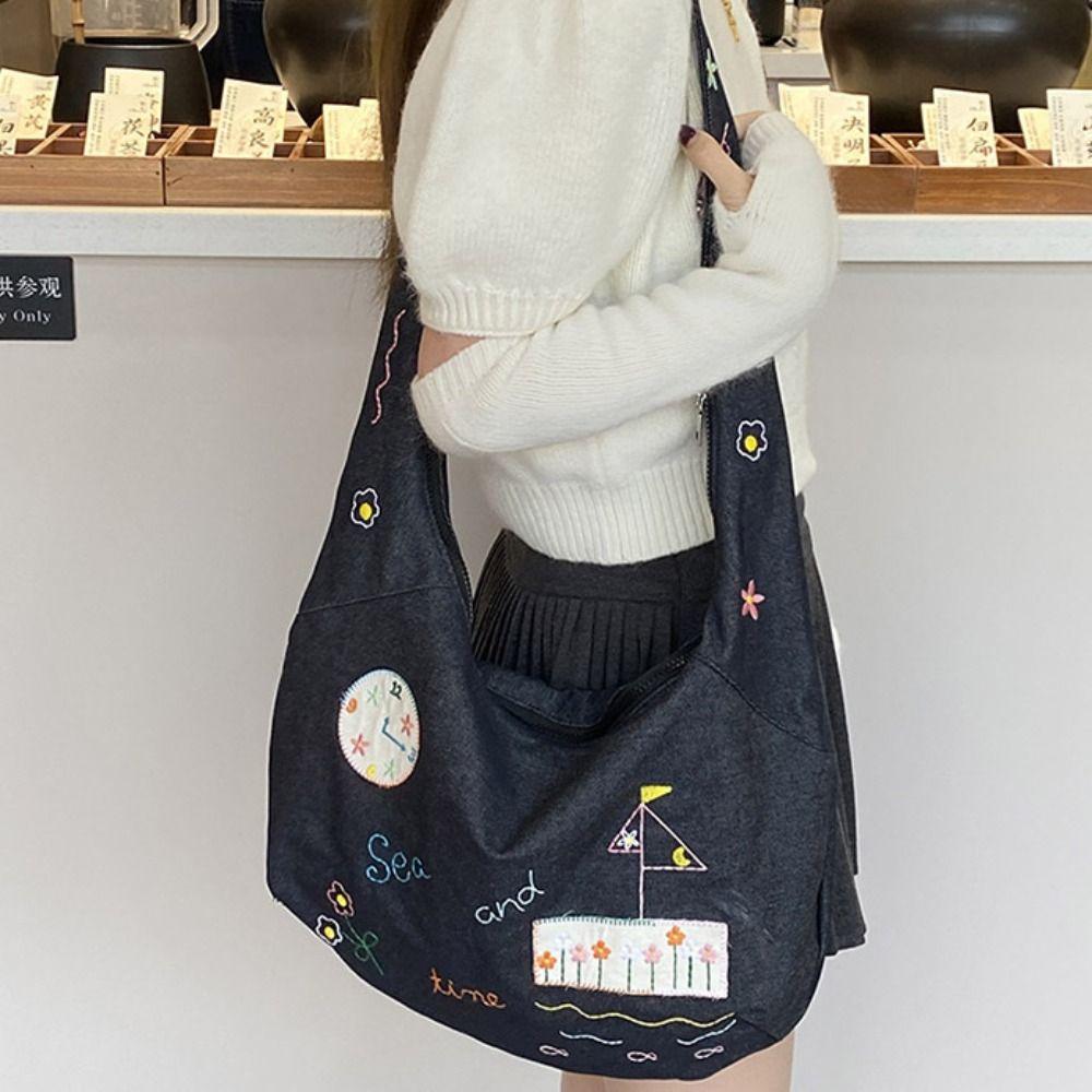 Retro Denim Canvas Bag Cloth Embroidery Tote Bag Vintage Cartoon Pattern Shoulder Bag  Travel