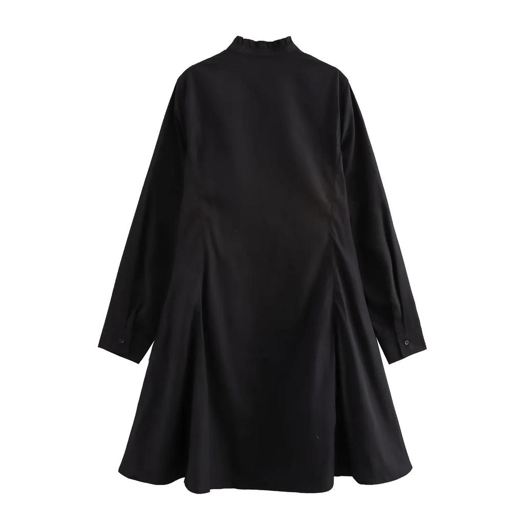 European & American High Street Style Women's Lace Stand-Up Collar Button Long Sleeve Dress