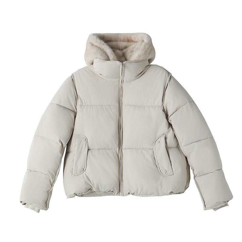 Short Cotton-padded Jacket With Imitation Mink Fur Hood