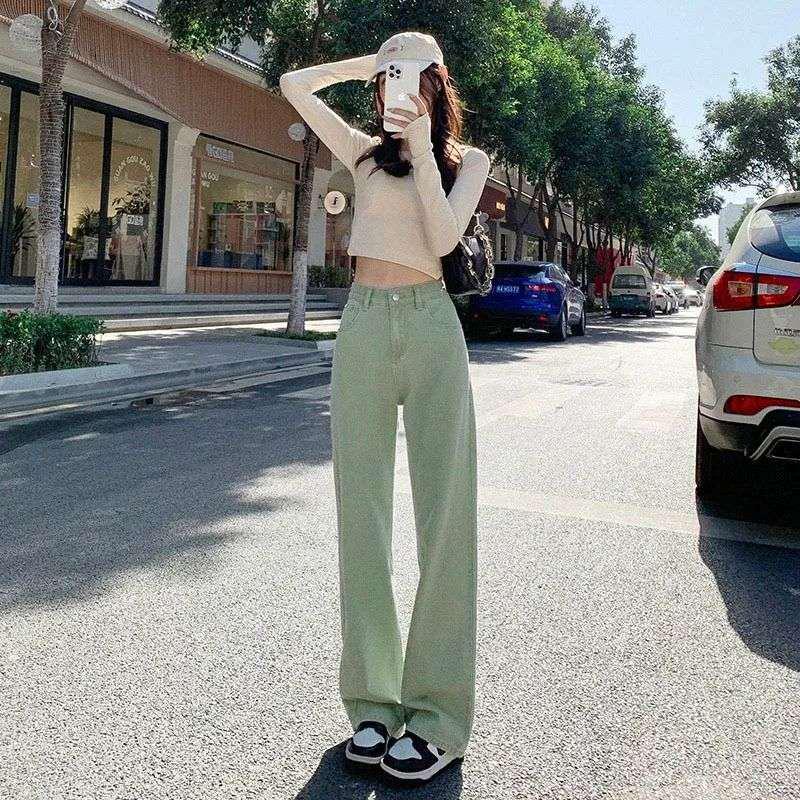 Women s Colorful High-Waisted Wide-Leg Jeans - 2026 Spring Collection, Slimming Loose Fit Dark Green