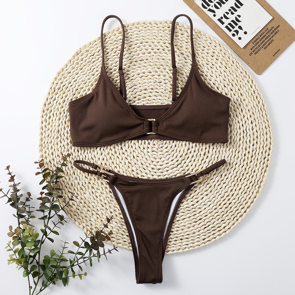 Neuer, geteilter Damen-Badeanzug aus kleinem Rippstrick in Unifarben, Sommer-Sexy-Bikini für Damen