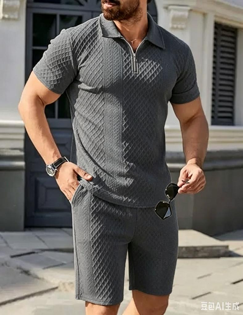 Mens Summer Sport Casual Knit Polo Shirt And Shorts Two Piece Set