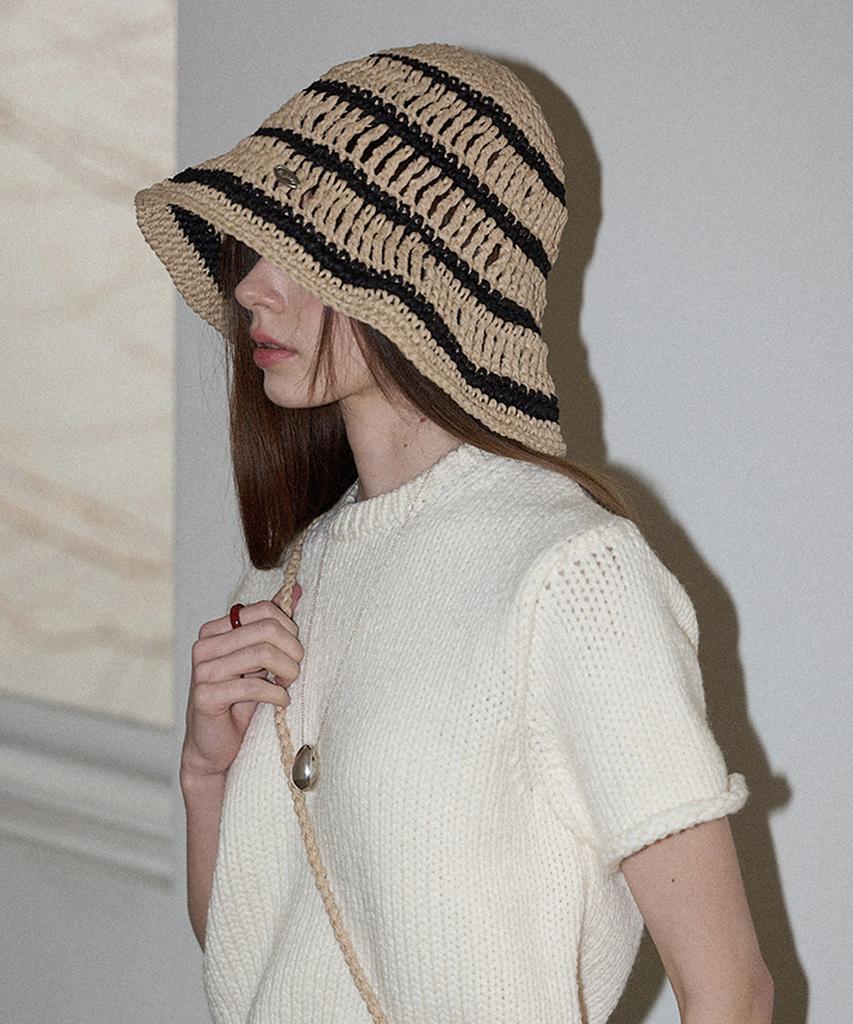 Seullouseulloulli Moroccan Handmade Crochet Striped Bucket Hat _ Beige