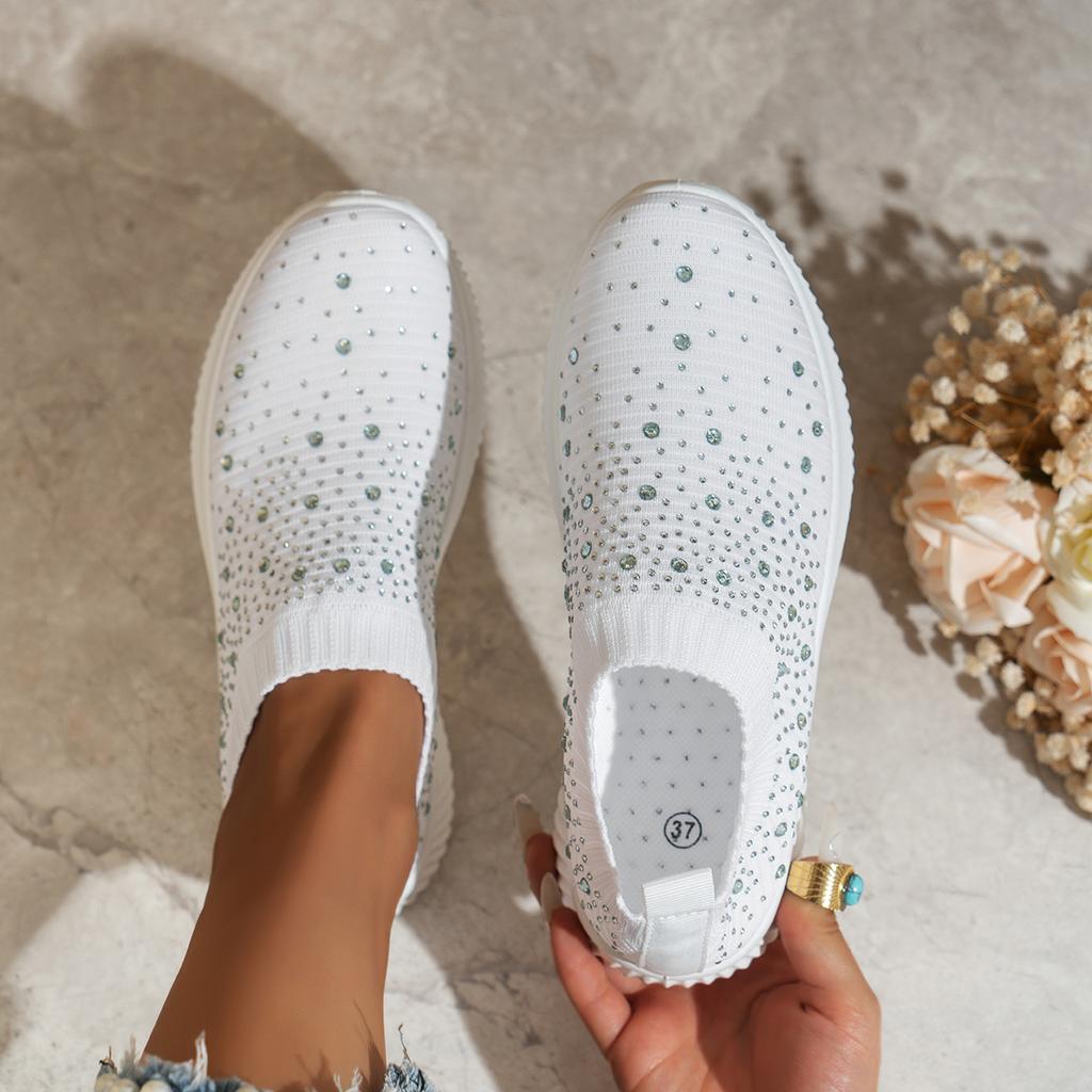 Sneakers Frau Glänzender Kristall Flache Schuhe Frühling Atmungsaktive Strick-Plateau-Sneakers Frau Bequeme Weiche Sohle Sportschuhe
