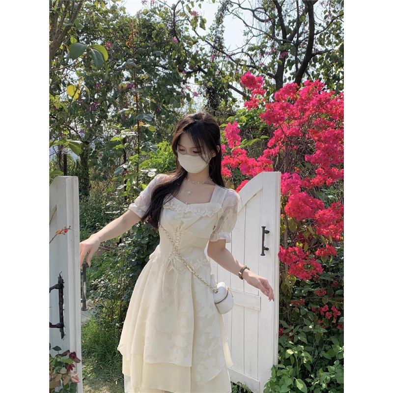 Summer French-Inspired Short-Sleeved Dress: Waist-Slimming, Tea-Length, Sweet Long Skirt