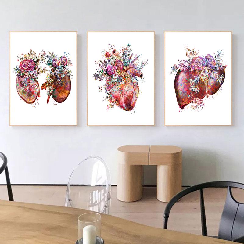 Decor modern, pictură pe pânză, anatomie, organe florale medicale, inimă, plămân, afiș și imprimeuri, imagini de perete pentru cabinetul medicilor