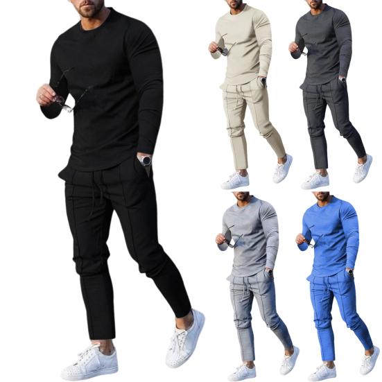 2Pcs/Set O-neck Long Sleeve Mid-rise Elastic Waistband Pockets Men Outfit Spring Autumn Solid
