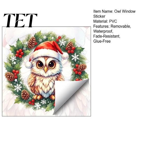 Creative Gift for Friends Christmas Owl Wreath Static Window Cling, Winter Holiday Glass Sticker, Removable Decals No?Glue Reusable Decal Home Shop