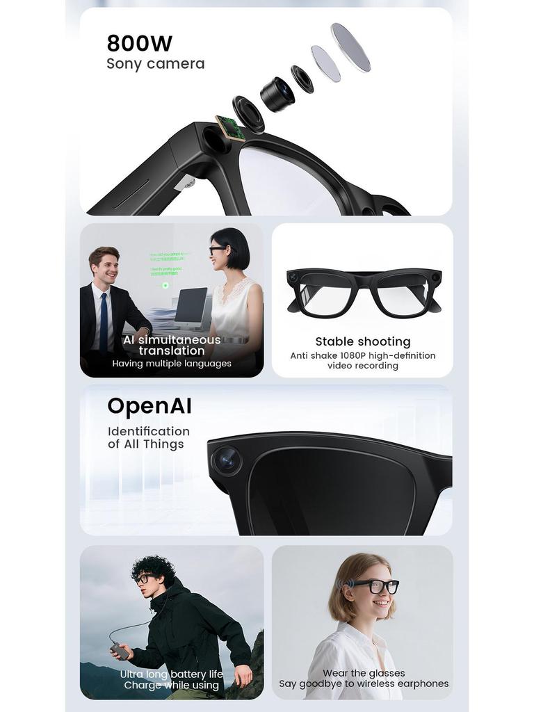 AI Smart Glasses: 800W Pixel, Object Recognition, Real-time Translation, HD Camera for Photo & Video Recording