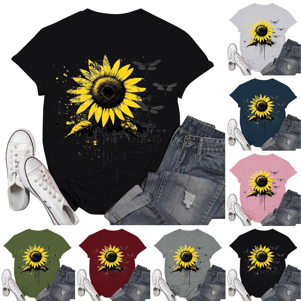 Women's Fashion Casual Printed Short Sleeve Round Neck Pullover Tops