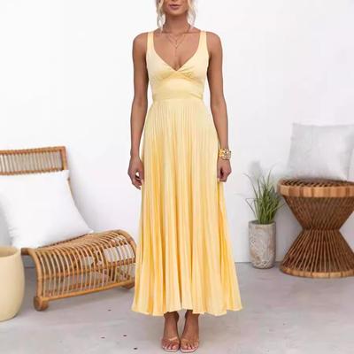 Women's Fashion Summer Spring Solid Color Print Sleeveless V-Neck High Waist Casual Dresses