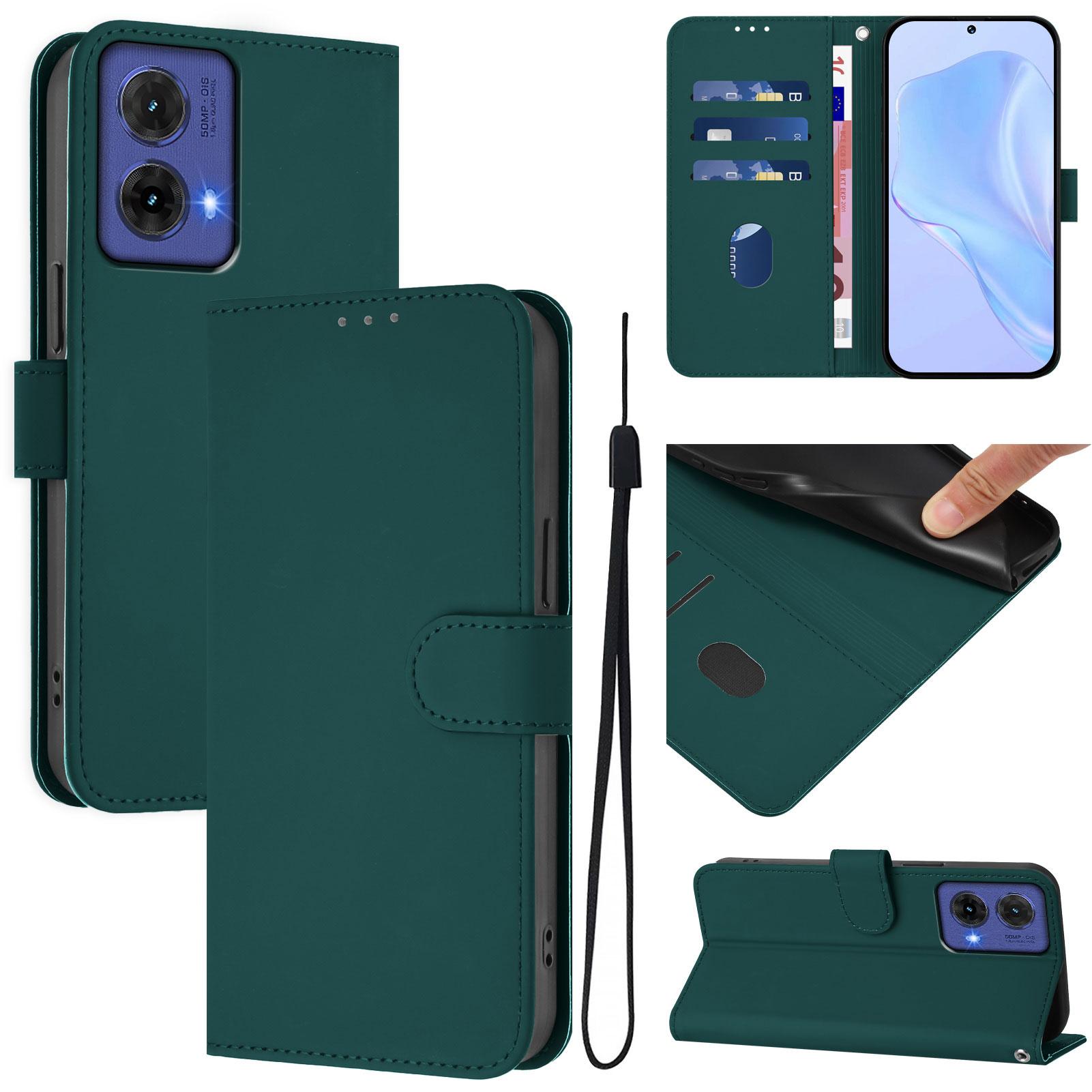 

For Motorola Moto G85 5G Case Solid Color Wallet Leather Phone Cover with Strap Dark Green