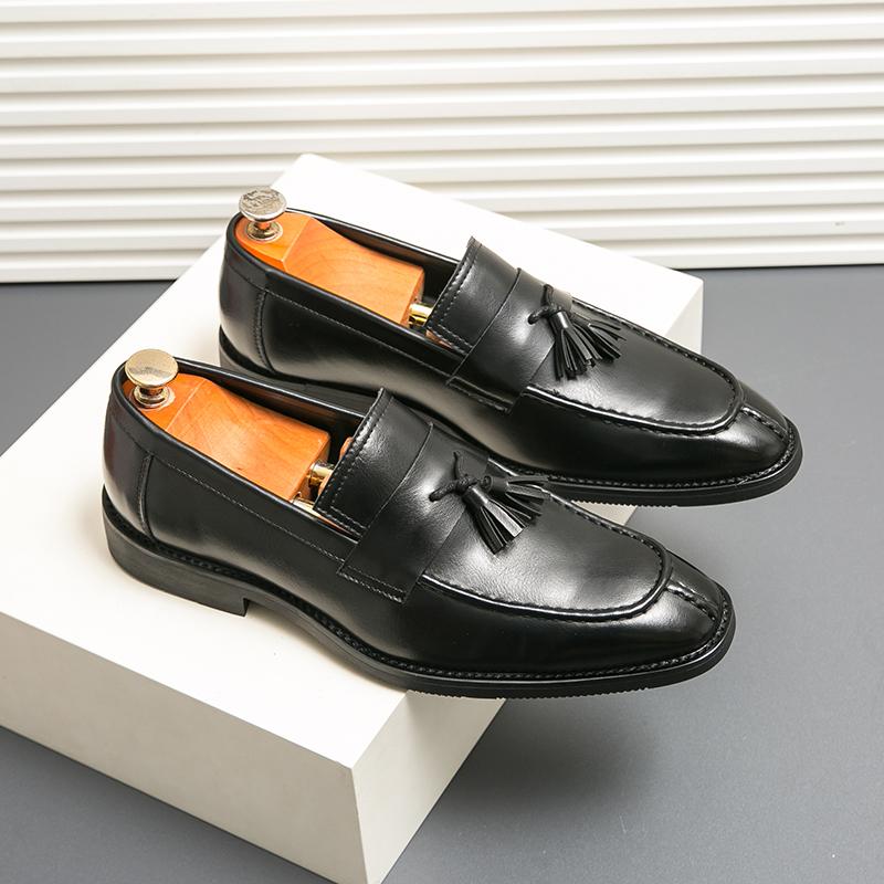 Brand Leather Shoes Business Formal Pointed Toe Slip-On Tassel Loafers Shoes British Style Casual Breathable Mens Leather Shoes