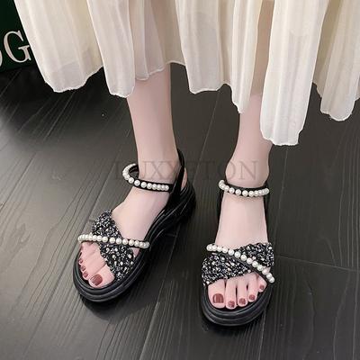 Sandalias planas con plataforma, zapatos casuales para mujer, nueva moda, zapatos de cuero sintético con cuentas, zapatos para caminar con punta abierta antideslizantes.