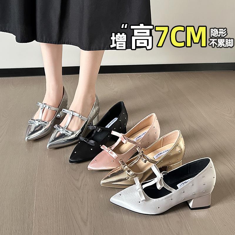 French pointed inner height increase Mary Jane women's shoes thick heel high heels satin women's shoes spring and summer pointed single shoes work s