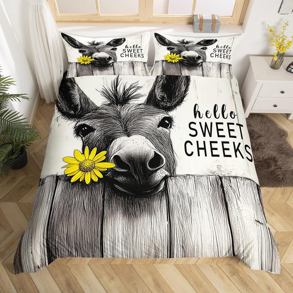 Cute Donkey Duvet Cover Rustic Barn Door Full Bedding Set Farmhouse Decor Farm Animals Comforter Cover Sunflower Flower Bed Set