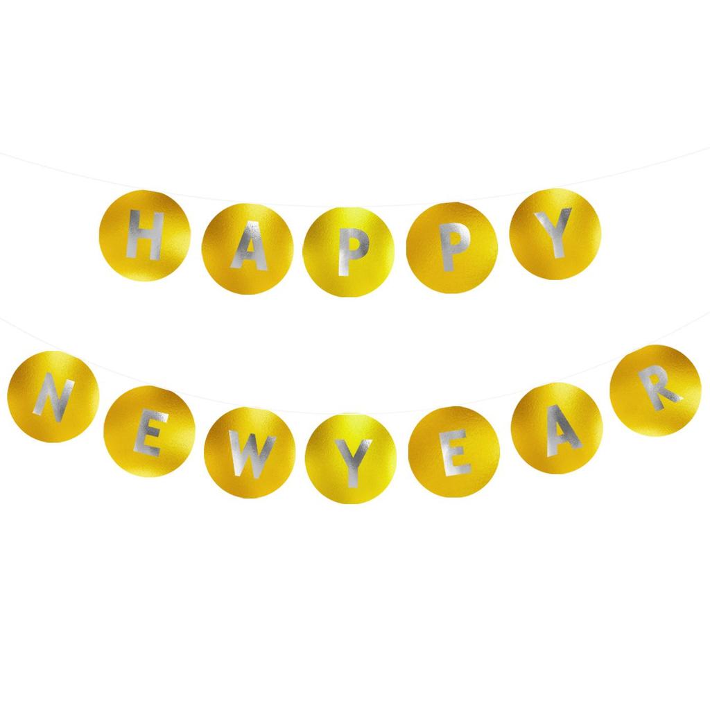 Glossy Gold Round 'Happy New Year' Bunting with 'HAPPY BIRTHDAY' Pull Flowers
