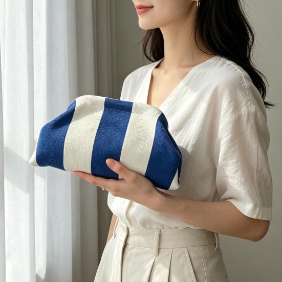 Lightweight Vacation Bag Women Woven Striped Clutch Purse, Large Capacity Kiss Lock Travel Makeup Organizer Cosmetic Pouch, Summer Beach Evening
