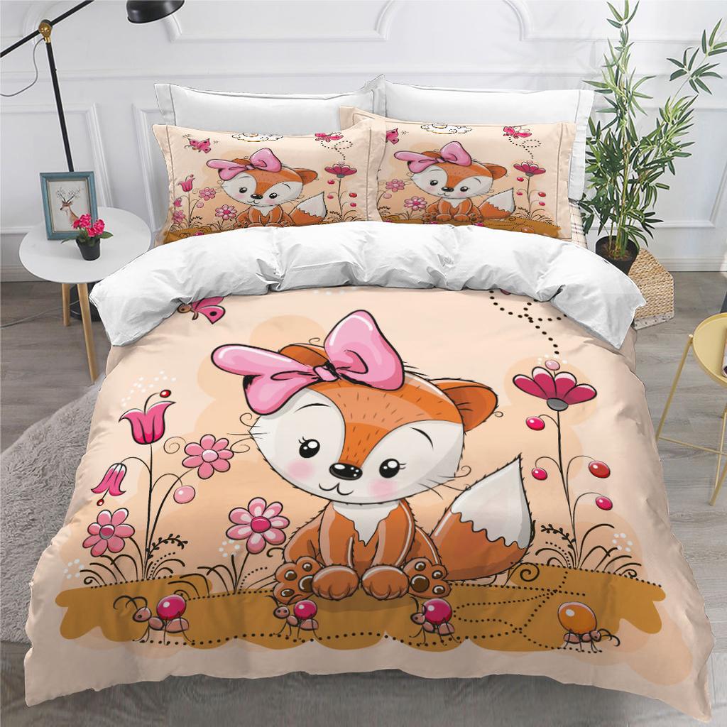 Cute Cartoon 3D Red Fox Digital Printing Three-Piece Set Size Quilt Cover Pillowcase
