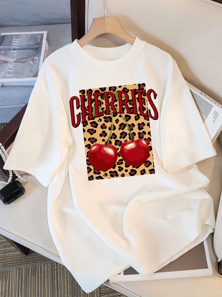 Leopard Cherry Creative Design Womens Tee Shirts Cotton Casual T Shirt Summer O-Neck Streetwear Soft Oversized Short Sleeve