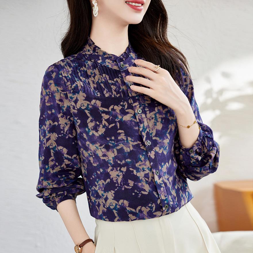 Fashion Printed Double Crepe Silk Shirt Women's Long Sleeve Lace Collar Shirt Spring New Age Reducing Mulberry Silk Top