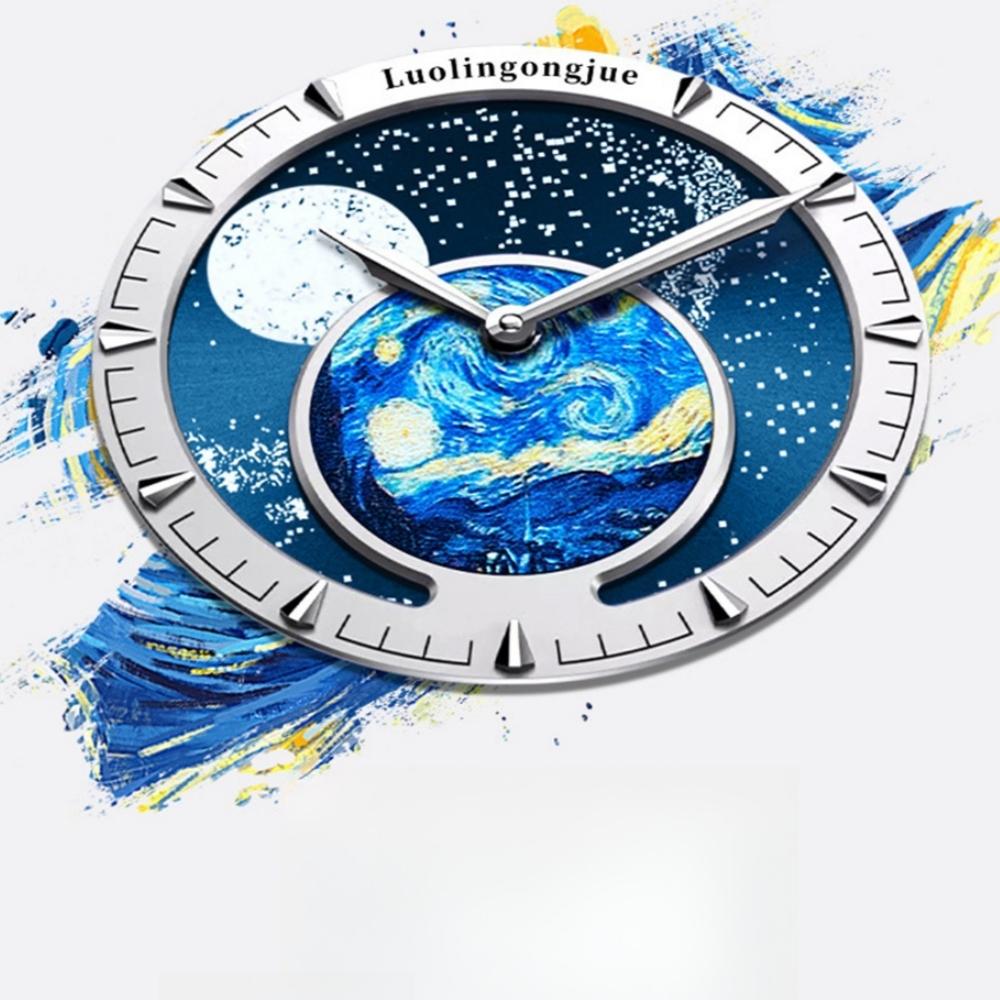 Mode Luxus Leder Automatik Leuchtende Sportuhr Herren Mondphase Sternenhimmel Kunst Zifferblatt Design Mechanische Uhr