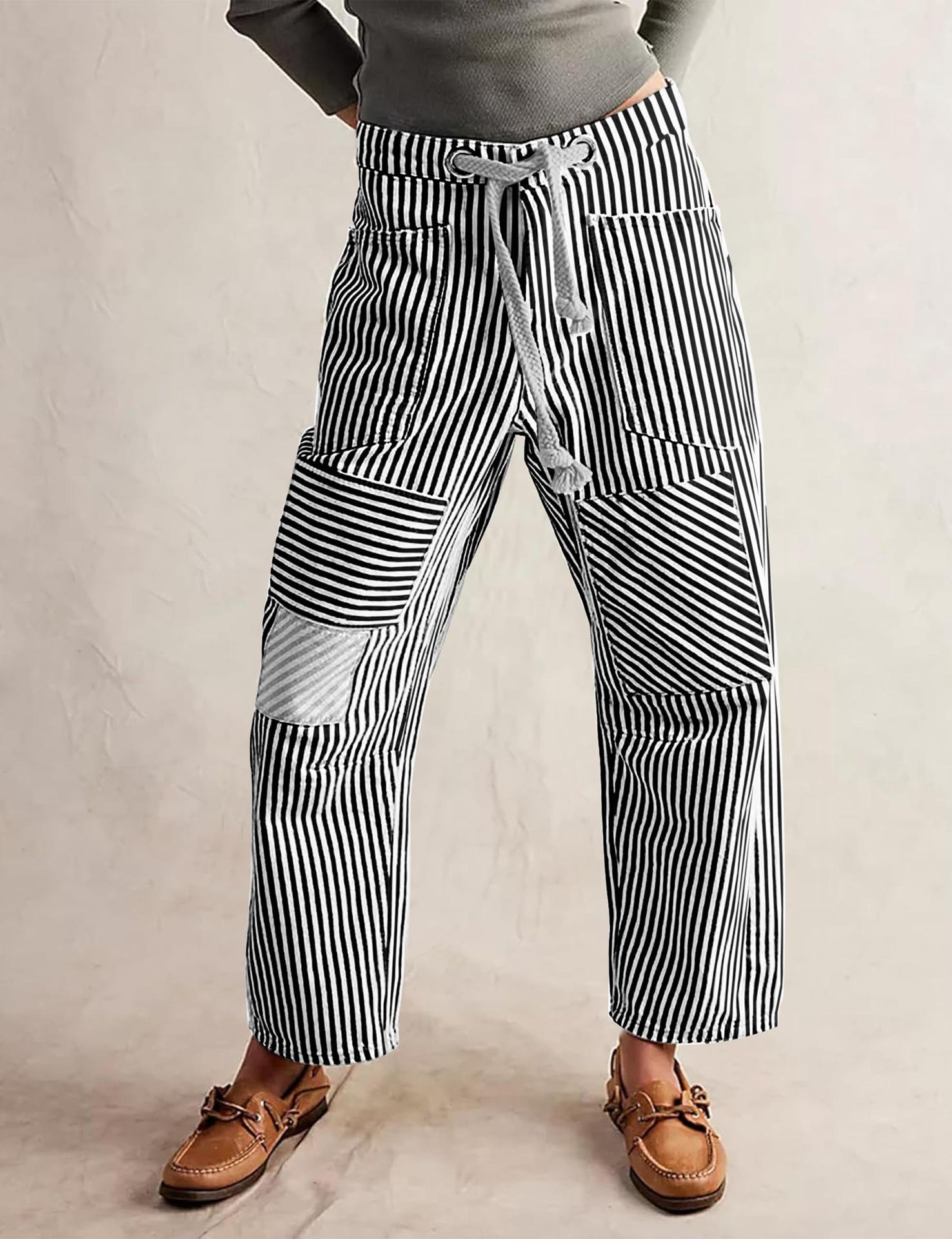 

Casual Loose Fit Striped Patchwork Pants with Drawstring Waist, Green and White Vertical Stripe Design S чорний